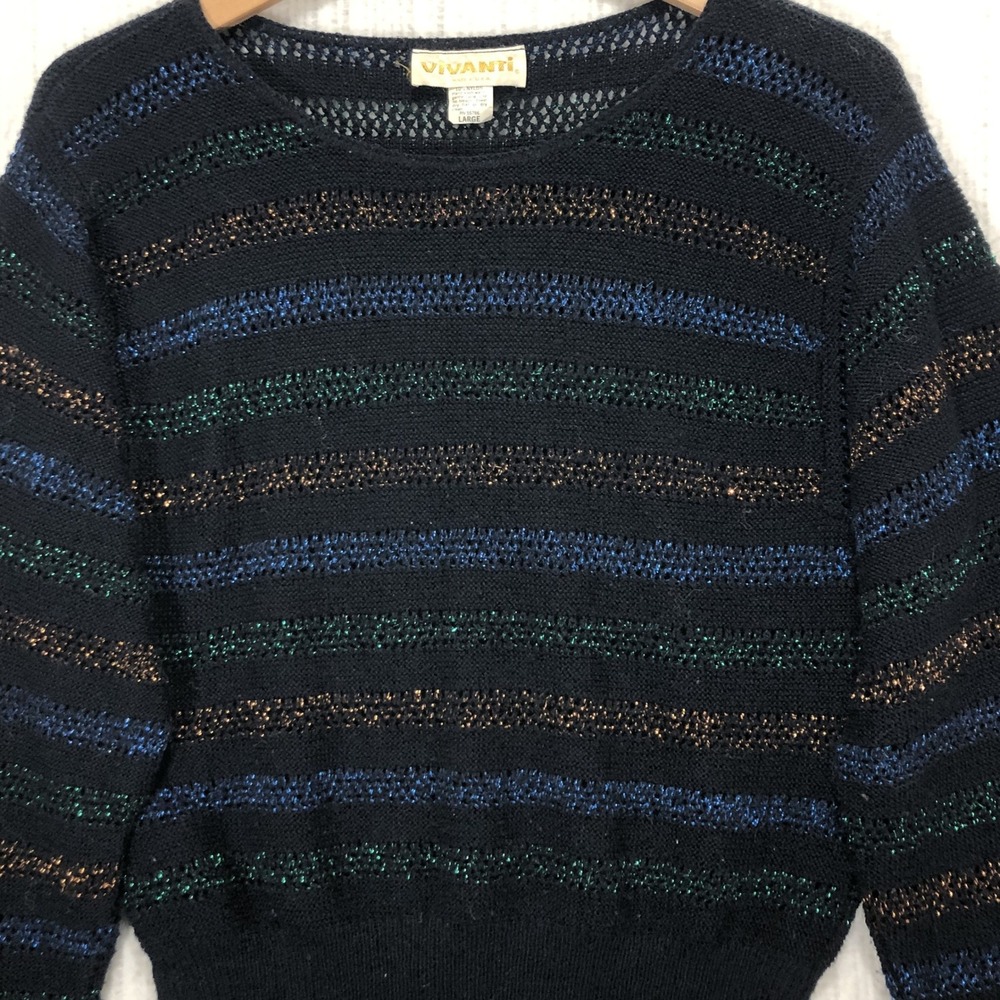 Vivanti‎ Vintage Metallic Striped Knit Sweater Black Blue Green Copper Large